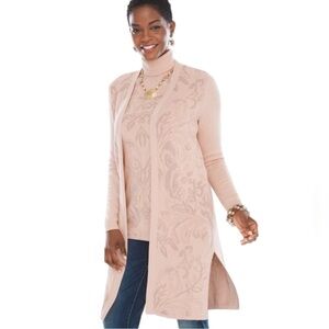 Chico’s Pink Tonal Jacquard Long Cardigan Sweater‎ Open Front Womens S Small 0